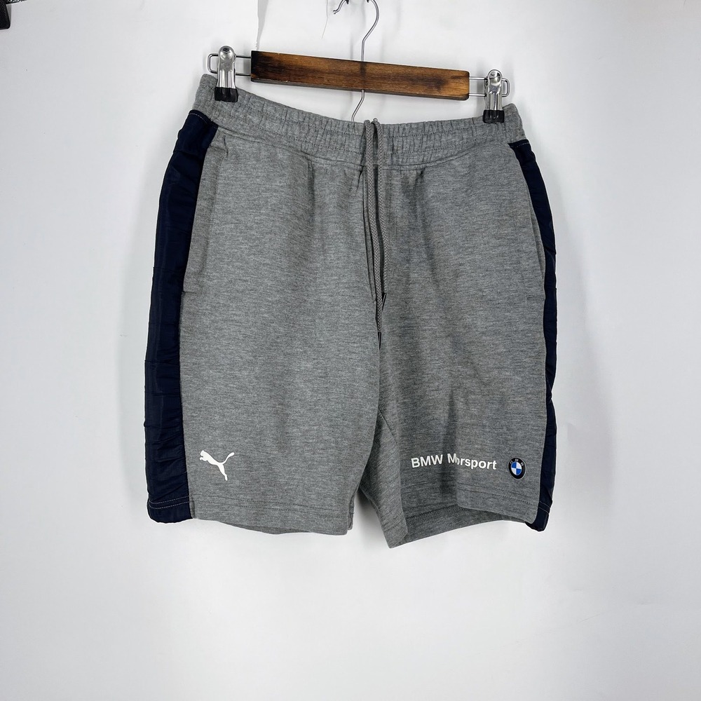 Puma BMW M Motorsport Mens Gray Navy Blue Athletic Training Shorts Drawstring